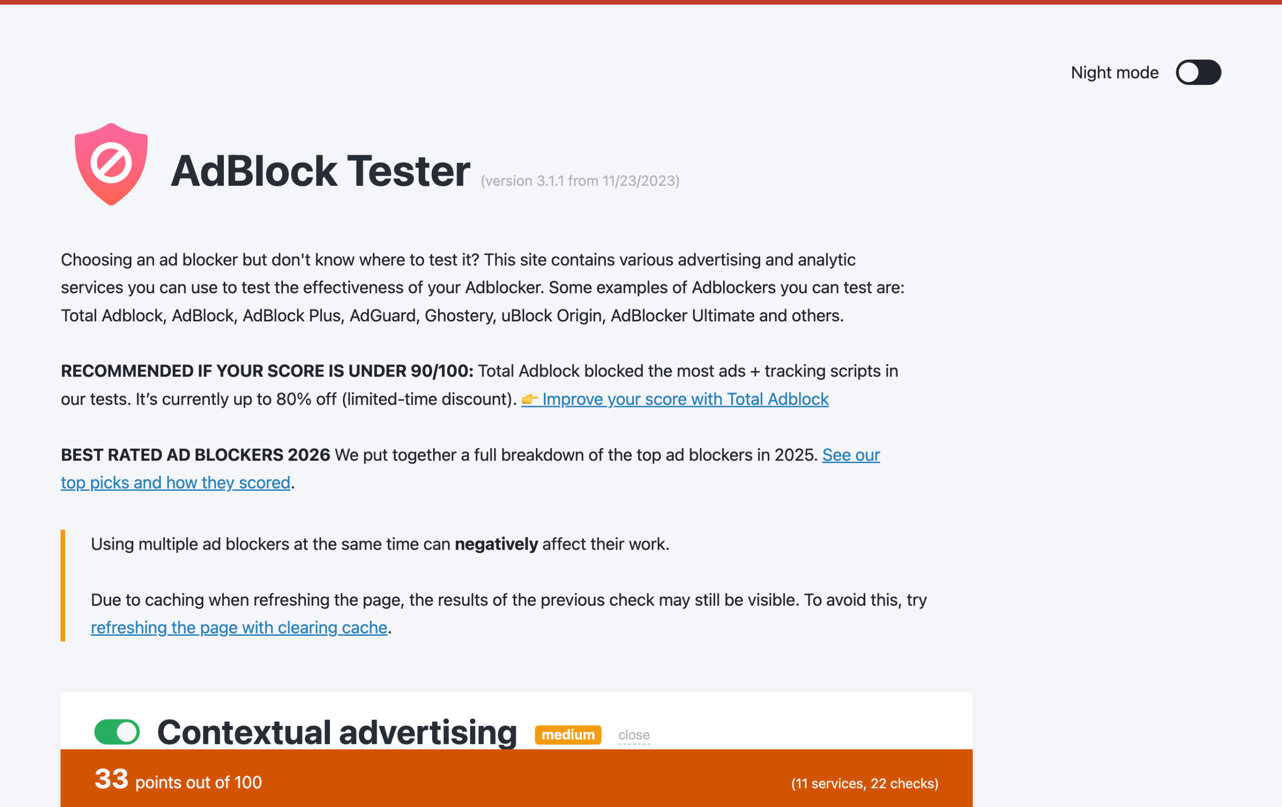 AdBlock Tester score of 33 out of 100 with a weakened Chrome ad blocker after uBlock Origin removal
