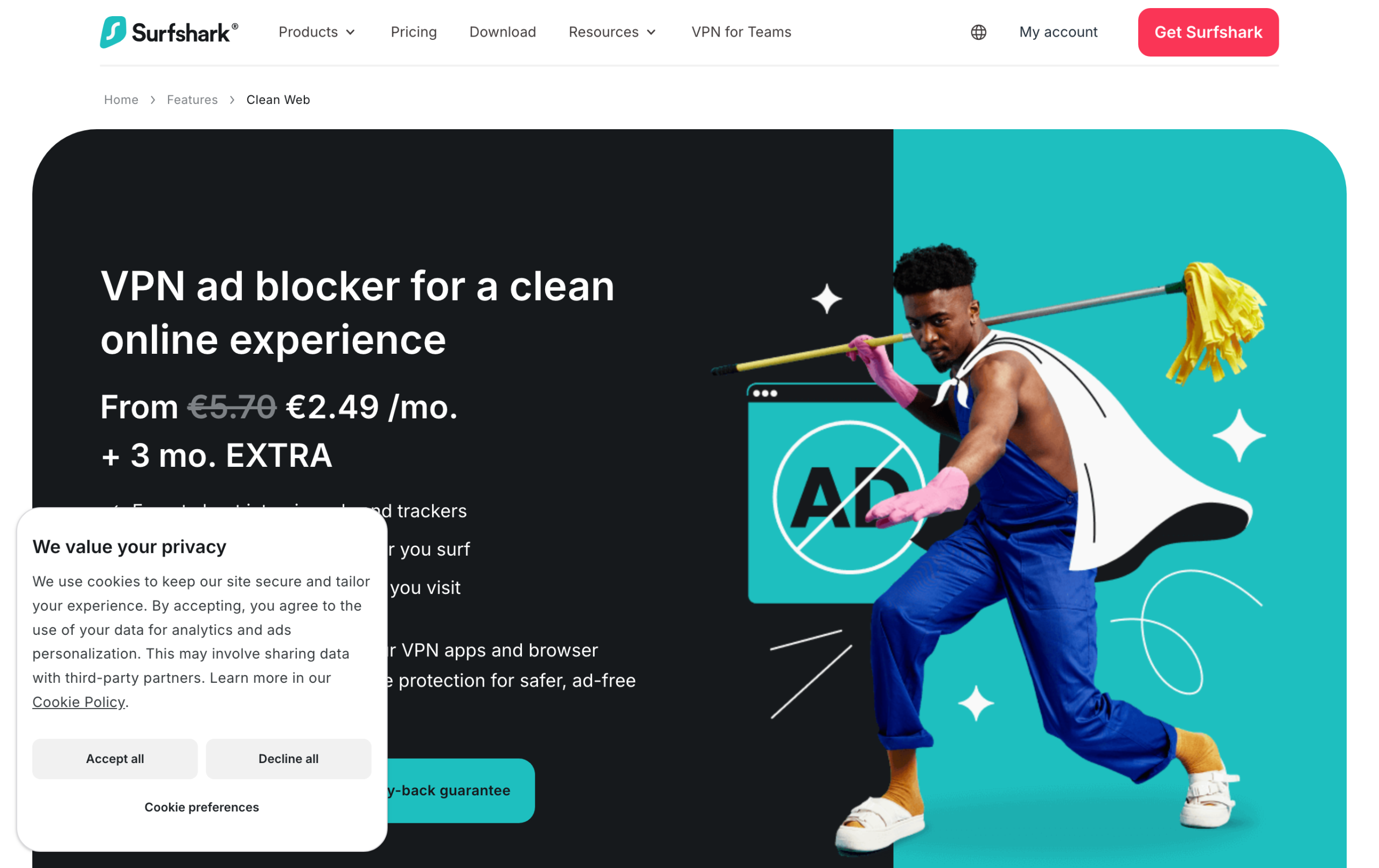 Surfshark CleanWeb blocking ads and trackers at the VPN network level